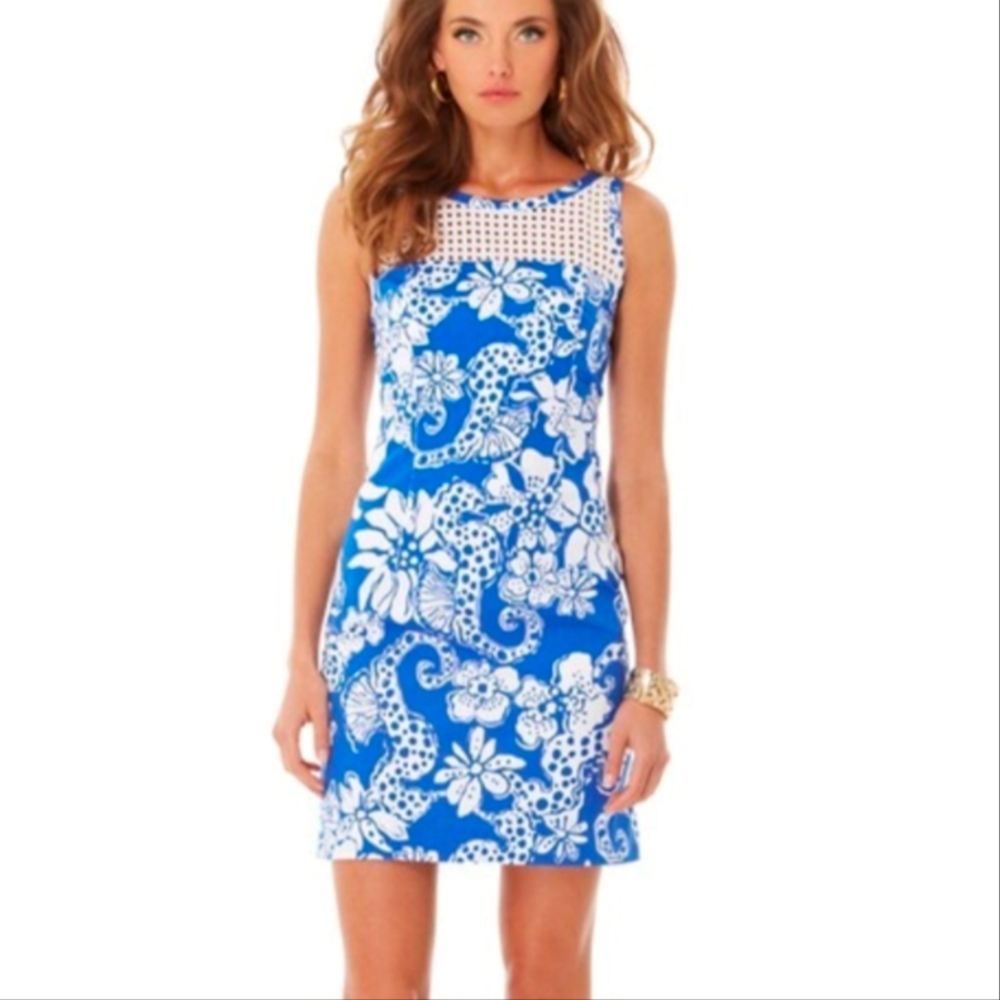 Lilly Pulitzer Marianne Shift Seahorse Grid  Eyelet Dress Sz 6